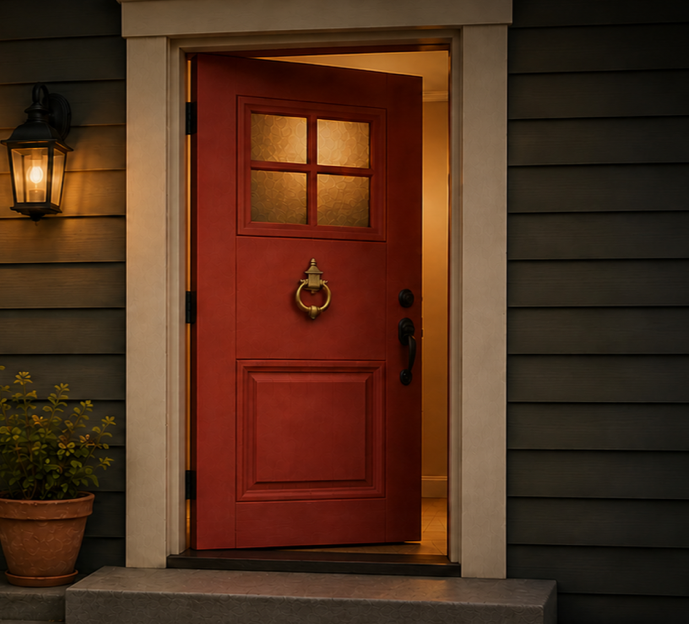 A warm red front door standing ajar on a lit porch at dusk.